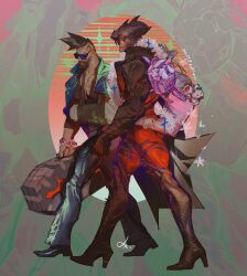 Rule 34 | 2boys, aatrox, absurdres, alternate costume, backpack, bag, bandaged arm, bandages, bara, beard, belt, brown hair, contemporary, curled horns, demon boy, denim, facial hair, from side, full beard, high heels, highres, horns, jeans, large pectorals, league of legends, looking ahead, male focus, mature male, monster boy, multiple belts, multiple boys, muscular, muscular male, pantheon (league of legends), pants, pectoral cleavage, pectorals, profile, stuffed animal, stuffed toy, sunglasses, thick beard, thick eyebrows, thick thighs, thighs, walking, xkov (cerberuskeeper)