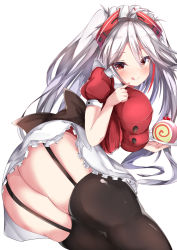 Rule 34 | 1girl, alternate costume, apron, ass, azur lane, black thighhighs, blush, bow, breasts, cake, cherry, cream, food, fruit, hair between eyes, headpiece, highres, large breasts, legs together, long hair, looking at viewer, maid, maid apron, maid headdress, multicolored hair, mutou mame, plate, prinz eugen (azur lane), red eyes, red hair, shirt, short sleeves, silver hair, simple background, smile, solo, swiss roll, thighhighs, tongue, tongue out, twintails, two-tone hair, white background