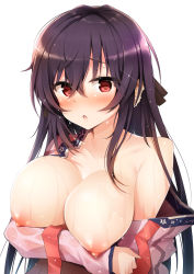 Rule 34 | 1girl, absurdres, black hair, black ribbon, blush, boku no kanojo wa ningyohime!?, breast hold, breasts, collarbone, fins, hair between eyes, hair ribbon, head fins, highres, large breasts, long hair, looking at viewer, macchiato (jae-min cho), mermaid, monster girl, nipples, open mouth, puffy nipples, red eyes, ribbon, see-through, solo, upper body, wet, wet clothes, white background