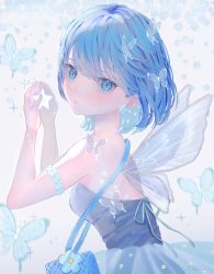 Rule 34 | 1girl, absurdres, blue bow, blue butterfly, blue eyes, blue hair, blue ribbon, blue theme, bob cut, bow, bug, butterfly, daisy, fairy wings, flower, from side, highres, holding, holding star, insect, light particles, looking at viewer, original, powa (36iii), ribbon, short hair, sparkle, star (symbol), transparent, transparent butterfly, transparent umbrella, umbrella, upper body, wings