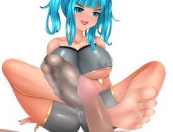 Rule 34 | 1girl, aqua eyes, aqua hair, areola slip, barefoot, blush, breasts, cameltoe, covered erect nipples, feet, footjob, large breasts, long hair, looking at viewer, open mouth, pov, see-through, see-through legwear, single sock, socks, soles, toes, transparent background, twintails, underboob