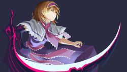 Rule 34 | 1girl, alice margatroid, blonde hair, blue dress, bois de justice, capelet, closed eyes, closed mouth, cookie (touhou), dies irae, dress, feet out of frame, grey background, hair between eyes, hairband, highres, hinase (cookie), kto znaet, necktie, pink hairband, pink necktie, pink sash, sash, shinza bansho series, short hair, simple background, smile, solo, touhou, white capelet