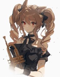 Rule 34 | 1girl, ambience synesthesia, angelina (arknights), animal ears, arknights, bare shoulders, black bow, black bowtie, black dress, blush, bow, bowtie, brown hair, dress, fox ears, hair bow, highres, instrument, long hair, looking at viewer, meng ziya, off-shoulder dress, off shoulder, official alternate costume, parted lips, red eyes, short sleeves, sidelocks, simple background, smile, solo, trumpet, twintails, upper body, white background