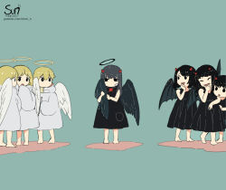 Rule 34 | 6+girls, :o, angel, angel and devil, angel wings, bandaid, bandaid on face, bare arms, bare shoulders, barefoot, black dress, black hair, black wings, blonde hair, bob cut, closed eyes, commentary, covering own mouth, demon girl, demon wings, dress, english commentary, feathered wings, grey hair, halo, horns, laughing, leaning forward, long hair, long sleeves, looking to the side, mimi n, multiple girls, no mouth, odd one out, open mouth, original, red horns, sad, short hair, simple background, sleeveless, sleeveless dress, sleeves past fingers, sleeves past wrists, swept bangs, whispering, white dress, white wings, wing hug, wings