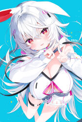 Rule 34 | 1girl, 2023, absurdres, animal ear fluff, animal ears, bare shoulders, blue background, breasts, chinese zodiac, cleavage, commentary request, finger counting, grey hair, hair between eyes, head tilt, highres, kamioka shun&#039;ya, large breasts, long hair, long sleeves, open mouth, original, puffy long sleeves, puffy sleeves, rabbit ears, red eyes, shiori (kamioka shun&#039;ya), shoes, simple background, sleeves past wrists, smile, solo, very long hair, white footwear, year of the rabbit