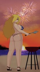 Rule 34 | 1girl, absurdres, ahoge, american flag bikini, american flag print, armorv1, bikini, blonde hair, breasts, cooking, eyelashes, female focus, flag print, full body, grill, grilling, hair over one eye, half-closed eyes, highres, large breasts, looking at viewer, print bikini, solo, standing, sun, sunset, swimsuit, thick thighs, thighs