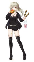 Rule 34 | absurdres, artoria pendragon (all), artoria pendragon (fate), belt, black footwear, black jacket, black shorts, blonde hair, blush, boots, breasts, burger, chicken (food), collarbone, commentary, eating, fate/stay night, fate (series), food, full body, highres, holding, holding food, jacket, kebab, long sleeves, medium breasts, official alternate costume, ponytail, saber alter, saber alter (ver. shinjuku 1999) (fate), short shorts, shorts, simple background, skewer, slaon55, thigh boots, thighhighs, white background, white belt, yakitori, yellow eyes