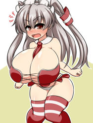 Rule 34 | &#039;&#039;&#039;, 10s, 1girl, amatsukaze (kancolle), bare shoulders, between breasts, blush, bra, breasts, brown eyes, cleavage, eyebrows, female focus, hair ornament, huge breasts, kantai collection, long hair, long twintails, looking at viewer, maid headdress, miniskirt, moyashi udon, necktie, open mouth, panties, plump, red thighhighs, silver hair, simple background, skirt, skirt flip, solo, standing, striped clothes, striped thighhighs, thick thighs, thighhighs, thighs, twintails, underwear, white panties