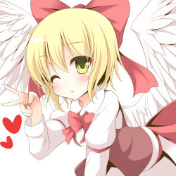 Rule 34 | 1girl, aibumi, angel wings, bad id, bad pixiv id, blonde hair, blush, bow, gengetsu (touhou), hair bow, heart, one eye closed, pen-zin, red bow, solo, touhou, touhou (pc-98), v, white background, wings, yellow eyes