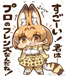Rule 34 | 10s, 1girl, :d, animal ears, brown eyes, brown hair, chibi, commentary request, high-waist skirt, kemono friends, looking at viewer, miniskirt, open mouth, polka dot, scarf, serval (kemono friends), serval print, serval tail, skirt, smile, solo, tail, tanaka kusao, thighhighs, translation request, twitter username, white background, zettai ryouiki