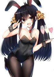 Rule 34 | 1girl, :d, animal ears, bad id, bad pixiv id, bare shoulders, black hairband, black pantyhose, blush, bow, breasts, brown eyes, champagne flute, collar, commentary request, covered navel, cup, detached collar, drink, drinking glass, fake animal ears, hair between eyes, hairband, head tilt, high heels, highres, holding, holding tray, idolmaster, idolmaster cinderella girls, leotard, long hair, matoba risa, open mouth, pantyhose, playboy bunny, purple footwear, rabbit ears, red bow, ricroot, sidelocks, simple background, small breasts, smile, solo, strapless, strapless leotard, tray, twintails, very long hair, white background, white collar, wing collar, wrist cuffs