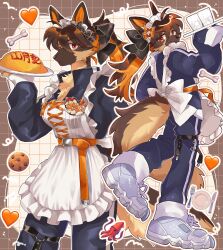 Rule 34 | 1girl, animal ears, apron, back bow, black bow, black jumpsuit, blue footwear, body fur, bone, bow, brown background, brown fur, brown hair, closed mouth, collared jumpsuit, colored inner hair, commentary request, cookie, cup, dog ears, dog girl, dog tail, emoji, food, full body, furry, furry female, german shepherd, grid background, hair bow, hand up, heart, highres, holding, holding food, jumpsuit, long hair, looking at viewer, looking back, maid, maid apron, maid headdress, multicolored hair, multiple views, oji (norahasu), omelet, omurice, orange hair, original, ponytail, rata (norahasu), red eyes, shoes, sleeves past fingers, sleeves past wrists, smile, sneakers, standing, tail, thigh strap, two-tone hair, unconventional maid, waitress, white apron