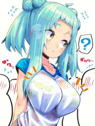 Rule 34 | 1girl, ?, absurdres, aqua hair, arms behind back, blush, bra visible through clothes, breasts, breath, collarbone, commentary, double bun, embarrassed, flying sweatdrops, gym shirt, hair bun, highres, large breasts, looking to the side, multiple others, nervous, original, see-through, see-through shirt, shirt, short sleeves, sidelocks, smaragdus viridi, steam, sweat, sweaty clothes, translation request, upper body, wet, wet clothes, wet shirt, white background, yellow eyes