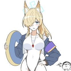 Rule 34 | 1boy, 1girl, animal ear fluff, animal ears, blonde hair, blue archive, blue eyes, blue halo, blush, breasts, competition swimsuit, doodle sensei (blue archive), hair over one eye, halo, kanna (blue archive), kanna (swimsuit) (blue archive), large breasts, long hair, nabeiro kin, official alternate costume, one-piece swimsuit, sensei (blue archive), simple background, swimsuit, whistle, whistle around neck, white background, white one-piece swimsuit
