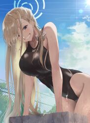 Rule 34 | 1girl, alternate costume, asuna (blue archive), asymmetrical bangs, black one-piece swimsuit, blue archive, blue sky, blush, breasts, competition swimsuit, grin, halo, highleg, highleg swimsuit, highres, kuu (user gngs5284), large breasts, light brown hair, long hair, one-piece swimsuit, outdoors, sky, smile, solo, straight hair, sunlight, swimsuit, very long hair, water drop