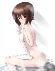 Rule 34 | 1girl, artist name, blush, breasts, brown eyes, brown hair, closed mouth, covering privates, dated, girls und panzer, highres, kuzuryuu kennosuke, large breasts, looking at viewer, nishizumi maho, nude, nude cover, short hair, sideboob, simple background, sitting, smile, solo, towel, white background