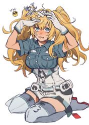 Rule 34 | 1girl, blonde hair, blue eyes, blue shirt, breast pocket, breasts, crossed bandaids, emoji, gambier bay (kancolle), gloves, hairband, hands on own head, headgear, highres, kantai collection, long hair, medium breasts, one-hour drawing challenge, open mouth, pocket, shirt, short sleeves, sidelocks, simple background, sitting, solo, sumoffu, tears, thighhighs, twintails, twitter username, white background