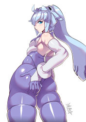 Rule 34 | 1girl, ahoge, ass, ass grab, blue eyes, bracelet, breasts, commentary request, deep skin, detached sleeves, from behind, gloves, grabbing own ass, grey sleeves, gundam, gundam build divers, hand on own ass, headgear, highres, jewelry, mecha musume, mobile doll sara, pantyhose, purple gloves, purple thighhighs, ryuusei (mark ii), sara (gundam build divers), silver hair, small breasts, solo, thick thighs, thighhighs, thighs