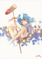 Rule 34 | 1girl, ambiguous red liquid, animal ears, bloomers, blue dress, blue hair, bobby socks, crescent, crossed ankles, dress, earclip, full body, holding, kine, long hair, looking at viewer, mallet, misawa hiroshi, no shoes, open mouth, paint splatter, painting (medium), rabbit ears, red eyes, seiran (touhou), short hair, sitting, socks, solo, star (symbol), texture, touhou, traditional media, underwear, watercolor (medium), white background, white bloomers, white socks