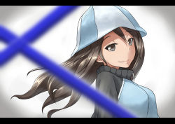Rule 34 | 10s, 1girl, bad id, bad pixiv id, blue hat, blue jacket, blurry, blurry foreground, brown eyes, brown hair, closed mouth, couai, finnish flag, from side, girls und panzer, hat, highres, jacket, keizoku military uniform, letterboxed, light smile, long hair, looking at viewer, mika (girls und panzer), military, military uniform, portrait, raglan sleeves, solo, standing, track jacket, uniform, white background, wind