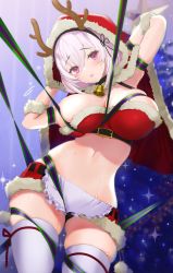 Rule 34 | 1girl, alternate eye color, apron, arms behind head, arms up, azur lane, bell, black panties, breasts, capelet, christmas, fake antlers, flying sweatdrops, frilled apron, frills, fur-trimmed skirt, fur trim, gluteal fold, hair between eyes, hair intakes, hairband, highres, hood, hood up, hooded capelet, looking at viewer, microskirt, nanam (nanam sk), navel, open mouth, panties, pink eyes, pom pom (clothes), raised eyebrows, red capelet, red ribbon, red skirt, ribbon, ribbon-trimmed legwear, ribbon trim, short hair, sirius (azur lane), skindentation, skirt, solo, sparkle, sweat, thighhighs, thighs, underwear, waist apron, wavy mouth, white apron, white hair, white thighhighs