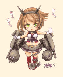 Rule 34 | 10s, 1girl, brown hair, chibi, green eyes, kantai collection, looking at viewer, midriff, miniskirt, mutsu (kancolle), personification, pleated skirt, red thighhighs, shinonome moegi, short hair, skirt, solo, thighhighs