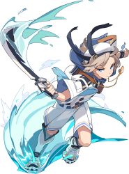 Rule 34 | 1boy, anchor symbol, arm up, artist request, belt, beret, blue eyes, blue neckerchief, blue sailor collar, blush, boots, bracelet, brown hair, buttons, full body, grey socks, half-closed eyes, hat, highres, holding, holding sword, holding weapon, jewelry, knee boots, kneehighs, leg up, light blush, looking to the side, male focus, neckerchief, non-web source, official art, outstretched arms, parted lips, pocket, ponytail, rain (world flipper), running, sailor collar, sheath, shirt, short hair, short sleeves, shorts, sidelocks, simple background, socks, solo, sword, teeth, transparent background, undershirt, water, weapon, whistle, whistle around neck, white footwear, white hat, white shirt, white shorts, world flipper
