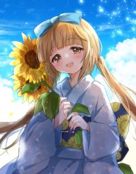 Rule 34 | 1girl, blue kimono, blue ribbon, blue sky, blunt bangs, blush, bow, breasts, brown eyes, brown hair, cloud, day, dot nose, floral print, flower, hair bow, hair ribbon, hands up, highres, holding, holding flower, idolmaster, idolmaster cinderella girls, japanese clothes, kimono, long hair, long sleeves, looking at viewer, motimotica, obi, obijime, open mouth, ponytail, print kimono, print sash, ribbon, sash, sky, small breasts, smile, solo, sunflower, very long hair, wide sleeves, yorita yoshino