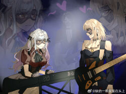 3girls ascot bang_dream! bang_dream!_it&#039;s_mygo!!!!! black_ascot black_corset black_dress black_mask black_pants black_ribbon black_skirt blonde_hair blue_brooch blue_hair breasts brown_corset capelet chinese_commentary clothing_cutout commentary_request corset doloris_(bang_dream!) dress earrings electric_bass_guitar electric_guitar feiyu30903448 gloves grey_gloves guitar hair_ribbon heart highres instrument jewelry keyboard_(instrument) long_sleeves looking_at_another mask masquerade_mask medium_breasts medium_hair misumi_uika multiple_girls oblivionis_(bang_dream!) open_mouth pants puffy_short_sleeves puffy_sleeves purple_eyes red_capelet red_shirt ribbon see-through_clothes see-through_sleeves shirt short_sleeves shoulder_cutout skirt smile timoris_(bang_dream!) togawa_sakiko weibo_watermark yahata_umiri yellow_brooch yellow_eyes yuri zoom_layer