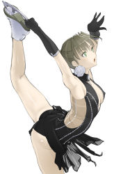 Rule 34 | 1girl, armpits, ass, bad id, bad pixiv id, breasts, brown hair, center opening, character request, cleavage, covered erect nipples, elbow gloves, figure skating, flower, gloves, green eyes, highres, ice skates, ice skating, leg up, legs, medium breasts, nakabayashi reimei, open mouth, shiny skin, skates, skating, solo, thighs