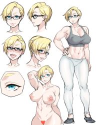 Rule 34 | 1girl, abs, agawa ryou, arm up, blonde hair, blue eyes, blush, breasts, censored, cleavage, closed mouth, eyebrows, feet, full body, glasses, happy, heart, heart censor, highres, huge breasts, j-chan (agawa ryou), legs, looking at viewer, muscular, muscular female, navel, nipples, nude, open mouth, original, pants, serious, short hair, sleeveless, smile, solo, sports bra, thighs, yoga pants