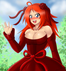Rule 34 | 1girl, blue eyes, blush, breasts, cleavage, dress, epic battle fantasy, highres, large breasts, lewdamone, long hair, natalie (epic battle fantasy), open mouth, red dress, red hair, red ribbon, ribbon, simple background, smile, solo, waving