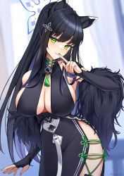 Rule 34 | 1girl, animal ears, black dress, black hair, black nails, blue archive, breasts, chinese clothes, cleavage, dress, feather boa, finger to mouth, green eyes, hair ornament, hairclip, highres, large breasts, long hair, looking at viewer, nail polish, nassss, ponytail, shun (blue archive), side slit, sideboob, sidelocks, smile, solo, tassel, tiger ears