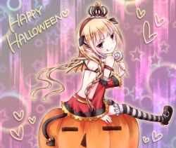 Rule 34 | &gt;:), 10s, 1girl, :q, animal ears, blonde hair, braid, candy, crown, demon tail, demon wings, detached sleeves, food, futaba anzu, hairband, halloween, happy halloween, idolmaster, idolmaster cinderella girls, jack-o&#039;-lantern, lollipop, mameko (pianissimo), patterned legwear, pointy ears, pumpkin, sitting, skirt, solo, striped clothes, striped thighhighs, tail, thighhighs, tongue, tongue out, v-shaped eyebrows, wings