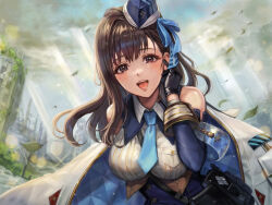 Rule 34 | 1girl, :d, between breasts, black gloves, blue hat, blue necktie, blue ribbon, blue skirt, blurry, blush, bokeh, breasts, brown hair, cloud, cloudy sky, collared shirt, commentary, day, depth of field, detached sleeves, eyelashes, garrison cap, gloves, goddess of victory: nikke, hair ribbon, hand in own hair, hat, high-waist skirt, jacket, leaf, light rays, long hair, looking at viewer, marian (nikke), medium breasts, necktie, off shoulder, open clothes, open jacket, open mouth, outdoors, purple eyes, ribbon, ruins, sasaki ryou, shirt, short necktie, skirt, sky, smile, solo, sparkle, strap between breasts, sunlight, tilted headwear, unzipped, upper body, white jacket, white shirt, wing collar