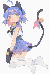 Rule 34 | 1girl, ahoge, animal ears, animal hands, bandaid, bandaid on leg, bare arms, bell, black collar, black gloves, black hairband, black neckerchief, blood, blue hair, blue sailor collar, blue skirt, cat ears, cat girl, cat paws, cat tail, collar, daizu (melon-lemon), fake animal ears, female focus, from behind, from side, full body, gloves, grey one-piece swimsuit, hair ornament, hairband, jingle bell, kneeling, looking at viewer, looking back, medium hair, miniskirt, neck bell, neckerchief, no shoes, nosebleed, one-piece swimsuit, original, parted lips, paw gloves, pleated skirt, ribbon, sailor collar, sailor shirt, school uniform, serafuku, shirt, simple background, skirt, sleeveless, sleeveless shirt, solo, star (symbol), star hair ornament, sweat, swimsuit, swimsuit under clothes, tail, tail bell, tail ornament, tail raised, tail ribbon, thighhighs, two side up, white background, white shirt, white thighhighs, yellow eyes
