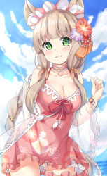 Rule 34 | 1girl, animal ear fluff, animal ears, bare shoulders, blue sky, blunt bangs, blush, bracelet, braid, breasts, brown hair, brown ribbon, choker, cleavage, closed mouth, cloud, cloudy sky, collarbone, day, dress, fang, fang out, floral print, hair ribbon, hand up, highres, jewelry, keiran (ryo170), large breasts, long hair, long sleeves, looking at viewer, maho (princess connect!), maho (summer) (princess connect!), outdoors, pink choker, pink dress, princess connect!, print dress, ribbon, see-through, see-through sleeves, sidelocks, single braid, sky, sleeveless, sleeveless dress, solo, very long hair, water, wide sleeves