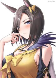 Rule 34 | 1girl, air groove (umamusume), animal ears, asymmetrical bangs, blue eyes, blush, bow, breasts, brown hair, choker, cleavage, closed mouth, clothing cutout, detached sleeves, eyes visible through hair, hair over one eye, hand up, highres, horse ears, kuguri oimo, large breasts, lips, looking at viewer, shirt, short hair, shoulder cutout, simple background, sleeveless, sleeveless shirt, solo, sweatdrop, twitter username, umamusume, upper body, white background, yellow bow, yellow shirt
