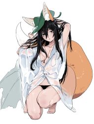 Rule 34 | 1girl, absurdres, animal ear fluff, animal ears, arms up, black eyes, black hair, black panties, breasts, e.g.o (project moon), fox ears, fox girl, fox tail, genderswap, genderswap (mtf), highres, holding, holding own hair, leaf, leaf on head, limbus company, lollollloobo, long hair, looking at viewer, medium breasts, panties, project moon, simple background, solo, squatting, tail, tongue, tongue out, underwear, very long hair, water drop, wet, wet clothes, white background, yi sang (project moon)