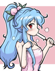Rule 34 | 1girl, after bathing, alternate hairstyle, blue hair, eruru (erl), food, fruit, hair ornament, hand in own hair, highres, hinanawi tenshi, long hair, looking at viewer, naked towel, peach, pink background, ponytail, popsicle, red eyes, solo, spilling, sweat, tongue, tongue out, touhou, towel, wavy hair