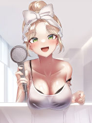 Rule 34 | 1girl, :d, bare shoulders, bathtub, black bra, blonde hair, blush, bow, bra, bra visible through clothes, breast rest, breasts, breasts squeezed together, camisole, cleavage, collarbone, dot nose, duplicate, forehead, green eyes, hair bow, hair bun, hair intakes, hair ribbon, hands up, highres, holding, indoors, large breasts, leaning forward, looking at viewer, mole, mole under eye, nail polish, open mouth, original, parted bangs, pink nails, pixel-perfect duplicate, ponytail, ribbon, see-through, shirosaba, shirt, shower head, sidelocks, sleeveless, sleeveless shirt, smile, solo, straight-on, strap slip, tareme, underwear, upper body, wet, wet clothes, wet shirt, white shirt, window