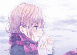 Rule 34 | 1girl, blonde hair, blue eyes, blush, breath, from side, hair ornament, hairclip, half-closed eyes, hands up, long hair, moco 315, open mouth, original, outdoors, plaid, plaid scarf, profile, purple scarf, scarf, sidelocks, sleeves past wrists, snow, solo, sweater, tearing up, tears
