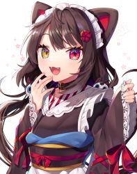 Rule 34 | 1girl, :d, animal ears, arms up, brown hair, choker, commentary request, dog ears, fangs, fingernails, flower, gunjou row, hair flower, hair ornament, hand on own chin, heterochromia, highres, inui toko, long hair, looking at viewer, low twintails, maid, maid headdress, nijisanji, obi, open mouth, pinching sleeves, red eyes, sash, simple background, sleeves past wrists, smile, solo, standing, twintails, upper body, virtual youtuber, wa maid, white background, yellow eyes