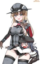 Rule 34 | &gt;:d, &gt; &lt;, &gt;o&lt;, 10s, 2girls, :d, akatsuki (kancolle), assisted exposure, bad id, bad twitter id, bismarck (kancolle), black panties, blonde hair, breasts, closed eyes, clothes lift, detached sleeves, gloves, hat, heart lock (kantai collection), highres, inactive account, kantai collection, large breasts, long hair, military, military uniform, mitsudoue, multiple girls, open mouth, panties, peaked cap, simple background, skirt, skirt lift, smile, thighhighs, underwear, uniform, v-shaped eyebrows