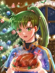 Rule 34 | 1010femaru, 1girl, blue dress, blush, candy, candy cane, christmas, christmas tree, dress, earrings, female focus, fire emblem, fire emblem: the blazing blade, food, green eyes, green hair, highres, holding, holding tray, jewelry, long hair, looking at viewer, lyn (fire emblem), matching hair/eyes, nintendo, open mouth, ponytail, smile, snow, solo, tray, turkey (food), very long hair, window
