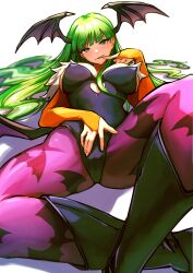 Rule 34 | 1girl, absurdres, bat wings, breasts, capcom, cleavage, come hither, demon girl, finger to mouth, green hair, highres, large breasts, legs, leotard, long hair, lying, morrigan aensland, naughty face, smile, spread pussy under clothes, thighs, vampire (game), wings