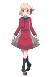 Rule 34 | 1girl, belt, black socks, blonde hair, blue ribbon, blush stickers, brown footwear, closed mouth, coat, collared shirt, dou (mame eee), dress, grey dress, hair ribbon, heel up, highres, kneehighs, loafers, long sleeves, looking at viewer, lycoris recoil, lycoris uniform, neck ribbon, nishikigi chisato, one side up, pleated dress, red belt, red dress, red eyes, red ribbon, ribbon, shirt, shoes, short hair, simple background, skirt hold, smile, socks, solo, two-tone dress, white background, white shirt
