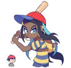 Rule 34 | 1girl, absurdres, backpack, bag, baseball cap, black hair, blue eyes, blue hair, cosplay, creatures (company), crossover, dark-skinned female, dark skin, earrings, game freak, gym leader, hat, highres, jewelry, long hair, looking at viewer, mother (game), mother 2, multicolored hair, name connection, ness (mother 2), ness (mother 2) (cosplay), nessa (pokemon), nintendo, pokemon, pokemon swsh, pun, shirt, short hair, simple background, starbirbz, super smash bros.