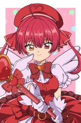 Rule 34 | 1girl, absurdres, ahoge, belt, cardcaptor sakura, cosplay, dress, gloves, heart, heart ahoge, heterochromia, highres, holding, hololive, houshou marine, kinomoto sakura, kinomoto sakura (cosplay), kyabetsu ningen, looking at viewer, magical girl, red dress, red eyes, red hair, shirt, short sleeves, sleeveless, sleeveless dress, smile, solo, twintails, virtual youtuber, white gloves, white shirt, yellow eyes
