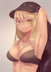 Rule 34 | 1girl, arm at side, arm behind back, arm up, armpits, baseball cap, blonde hair, bra, breasts, closed mouth, collarbone, deon (jetaime), expressionless, eyelashes, hair between eyes, hat, highres, holding, holding clothes, jewelry, kemono friends, king cobra (kemono friends), long hair, looking at viewer, medium breasts, necklace, no shirt, o-ring, o-ring bra, pendant, solo, stomach, tan, underwear, upper body, yellow eyes